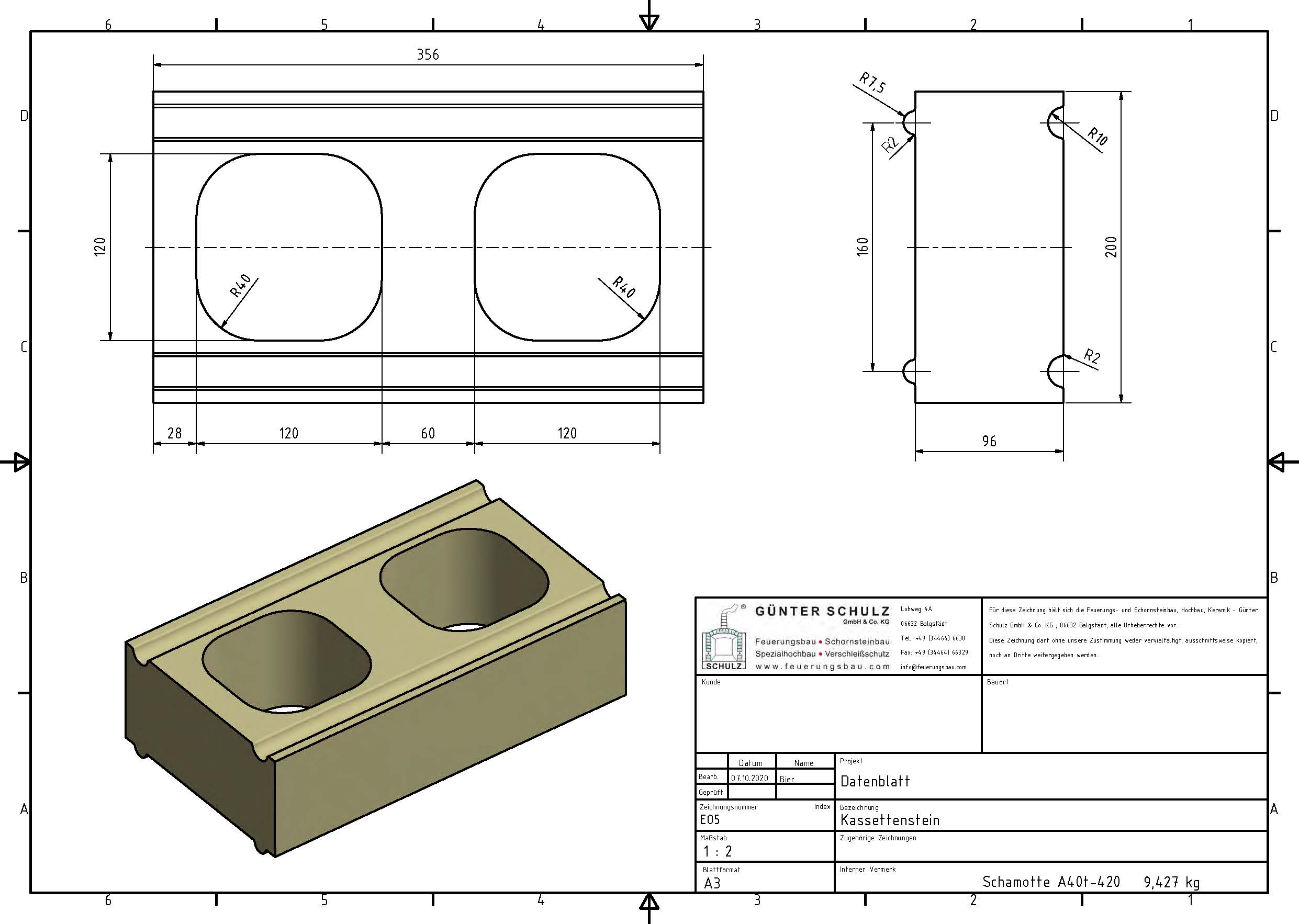 Schamotte-Formstein Schuba®FFS-A40t-S420, Kassettenstein, Format EO 5, 356x200x96 mm, feuerfest