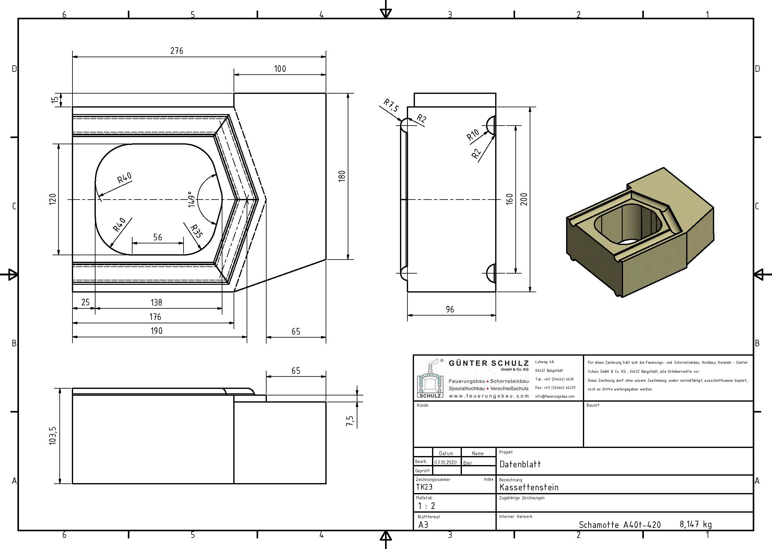 Schamotte-Formstein Schuba®FFS-A40t-S420, Kassettenstein, Format TK 23, 276x200x96 mm, feuerfest