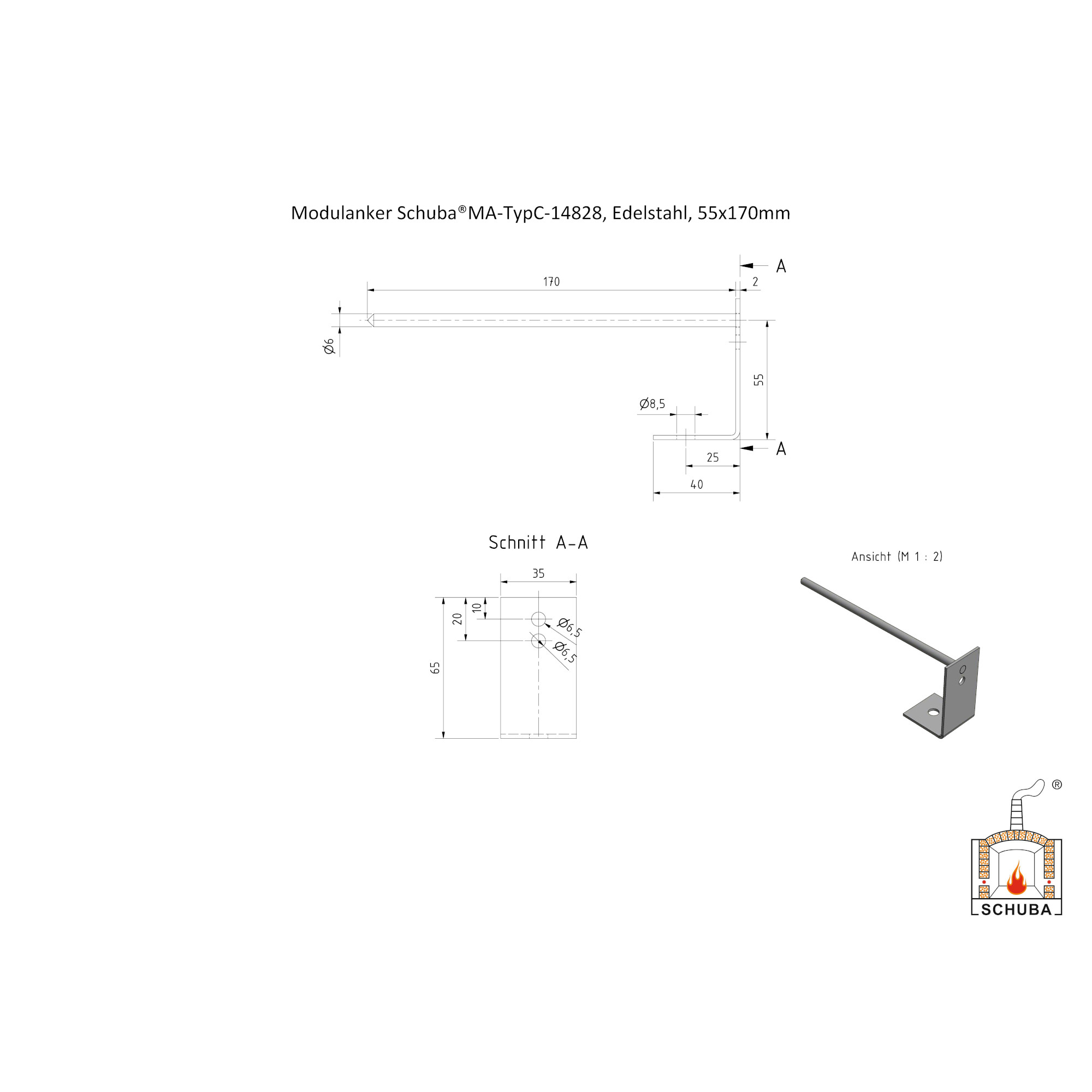 Modulanker Schuba®MA-TypC-14828, Edelstahl, 55x170mm