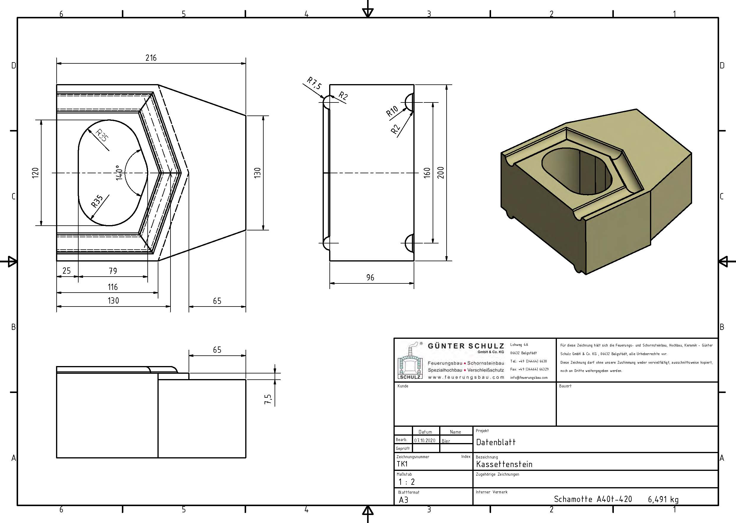 Schamotte-Formstein Schuba®FFS-A40t-S420, Kassettenstein, Format TK 1, 216x200x96 mm, feuerfest