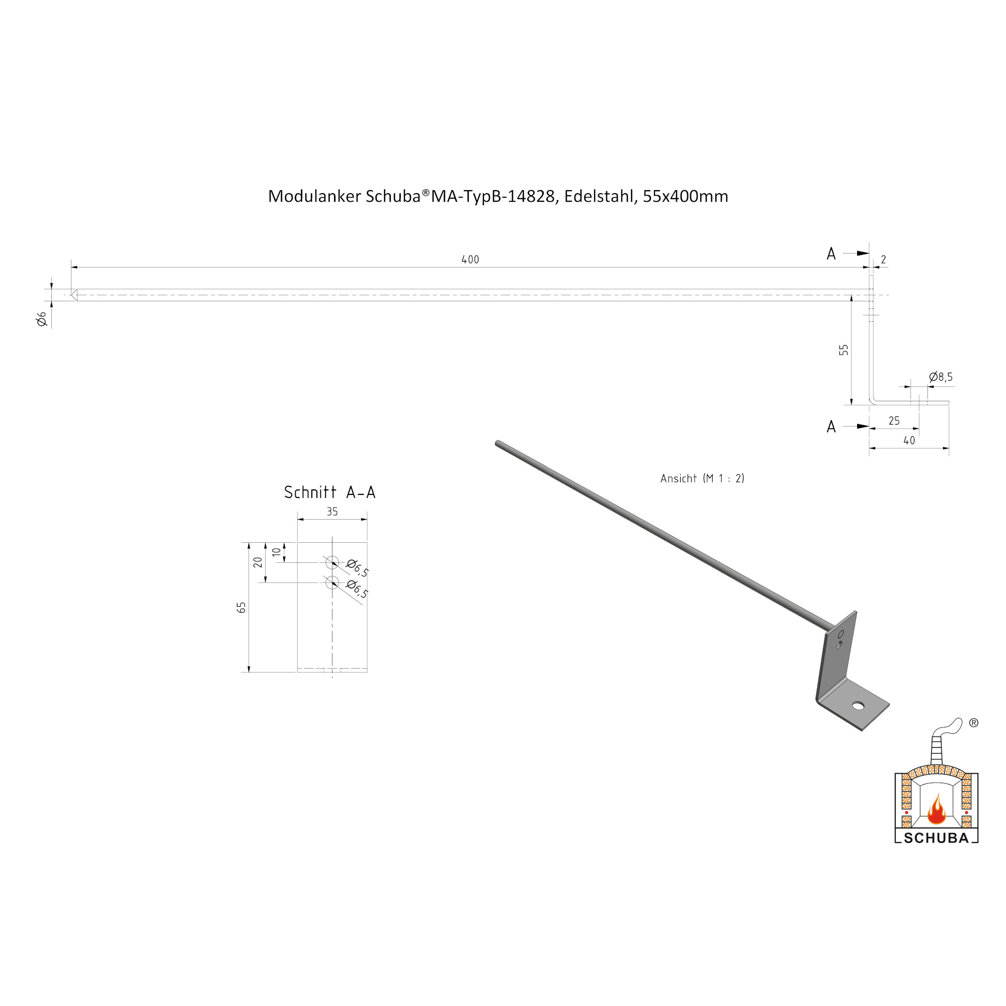 Modulanker Schuba®MA-TypB-14828, Edelstahl, 55x400mm