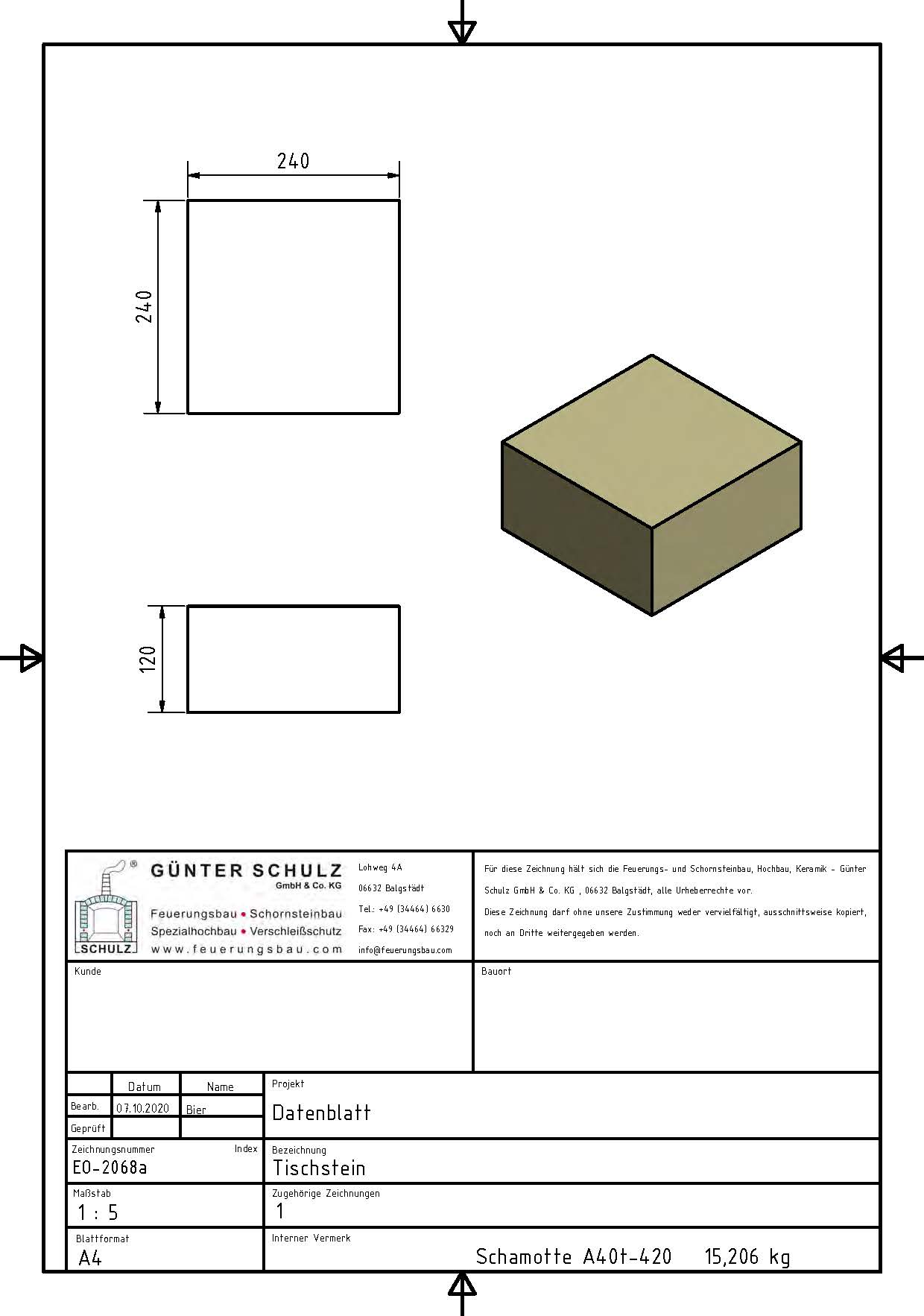 Schamotte-Formstein Schuba®FFS-A40t-S420, Tischstein, Format EO 2068a, 240x240x120 mm, feuerfest