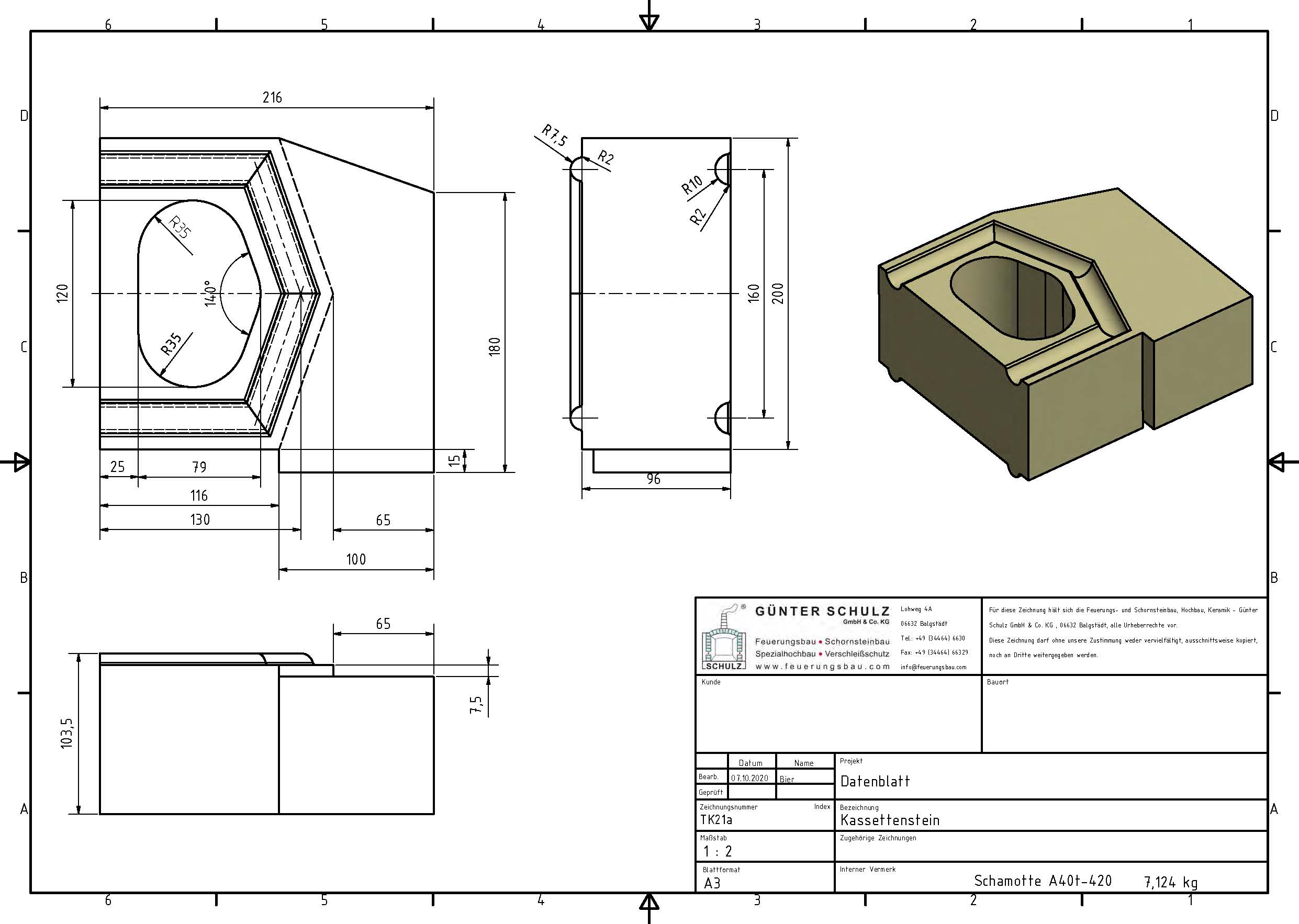 Schamotte-Formstein Schuba®FFS-A40t-S420, Kassettenstein, Format TK 21a, 216x200x96 mm, feuerfest