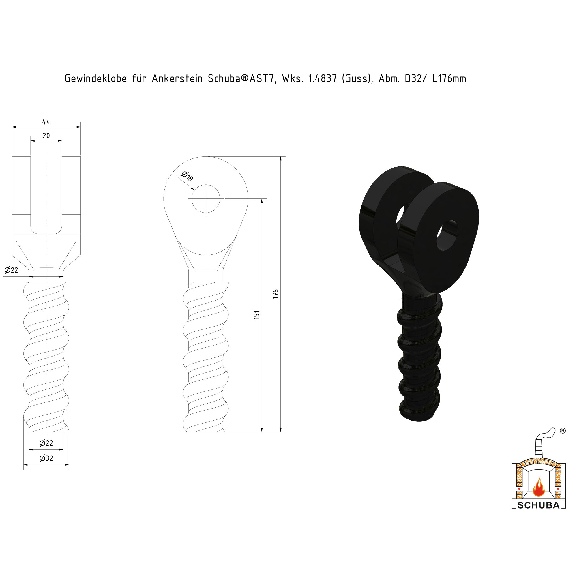 Gewindeklobe Schuba®GK-14837 für Ankersteine, D32/ L176mm, Guss