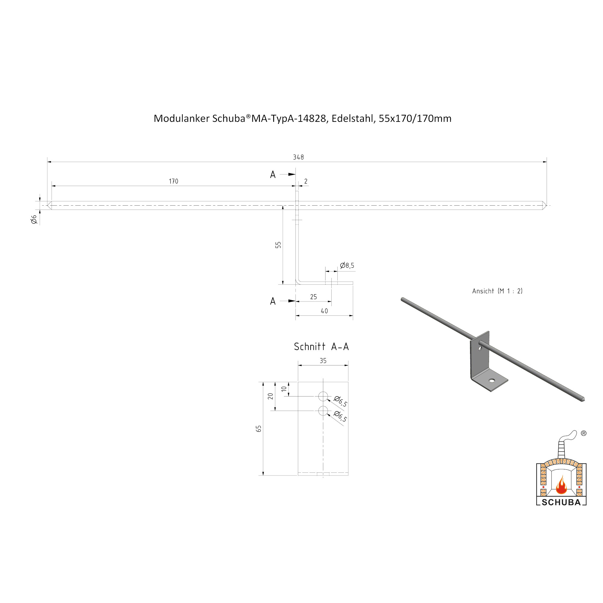 Modulanker Schuba®MA-TypA-14828, Edelstahl, 55x170/170mm