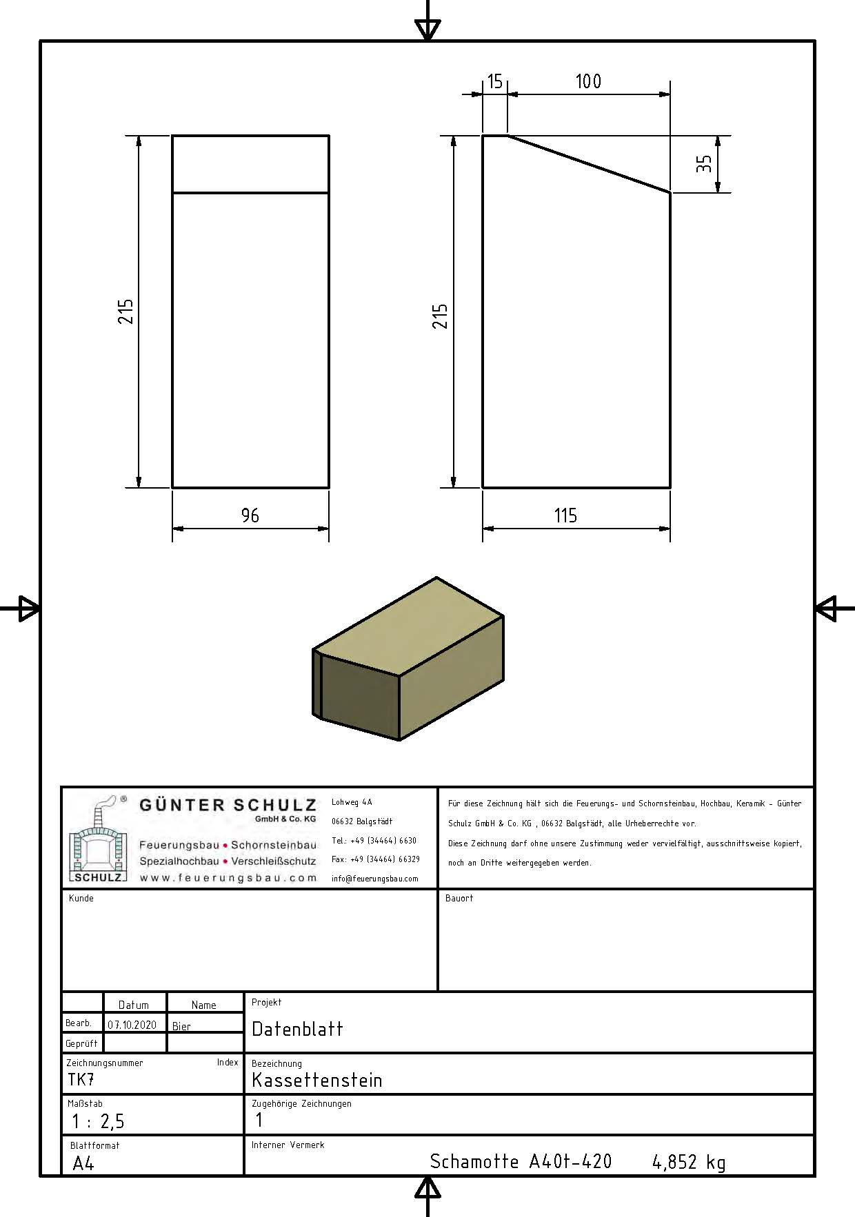 Schamotte-Formstein Schuba®FFS-A40t-S420, Kassettenstein, Format TK 7, 215x115x96 mm, feuerfest