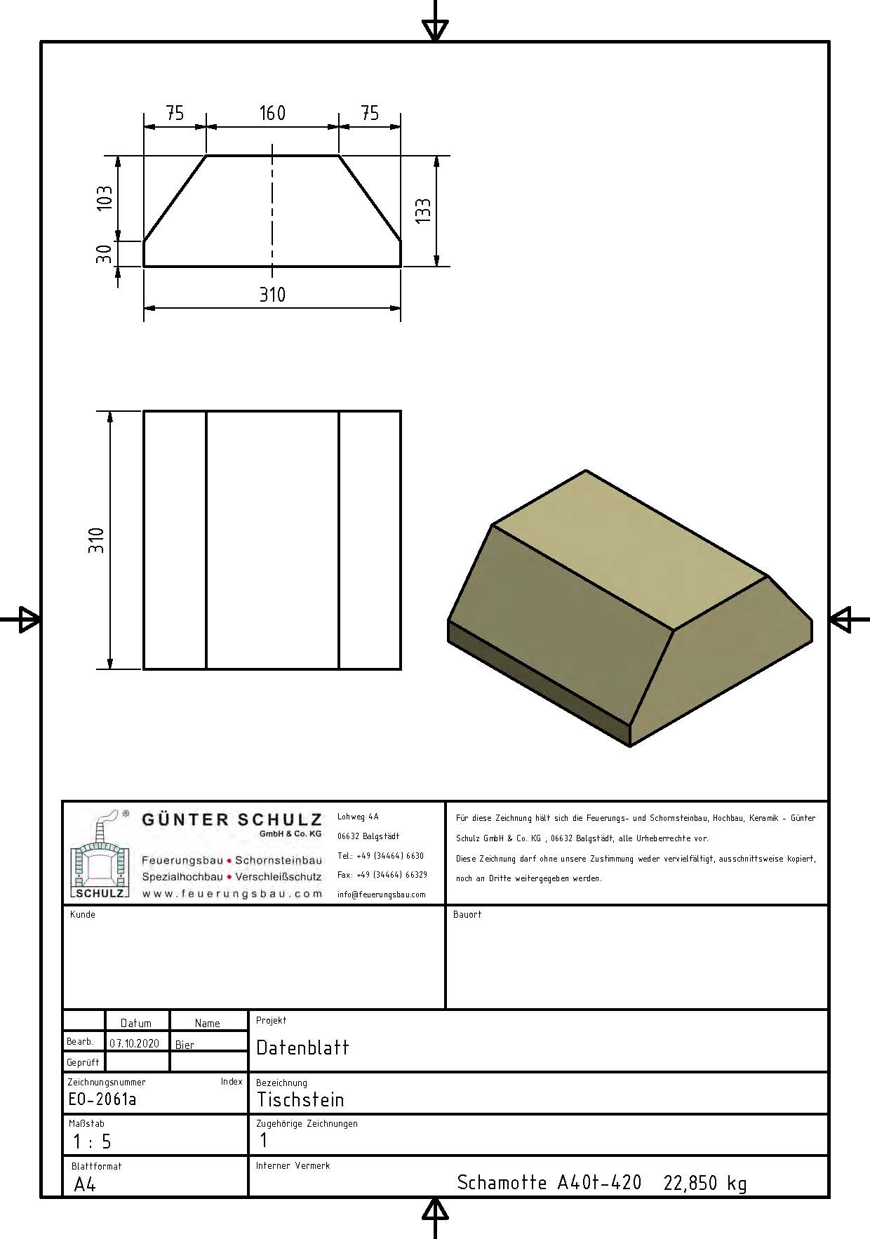 Schamotte-Formstein Schuba®FFS-A40t-S420, Tischstein, Format EO 2061a, 250x310x133 mm, feuerfest