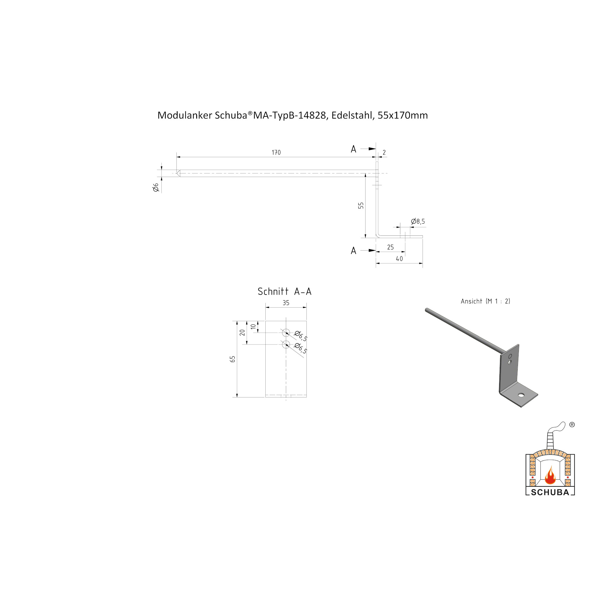 Modulanker Schuba®MA-TypB-14828, Edelstahl, 55x170mm