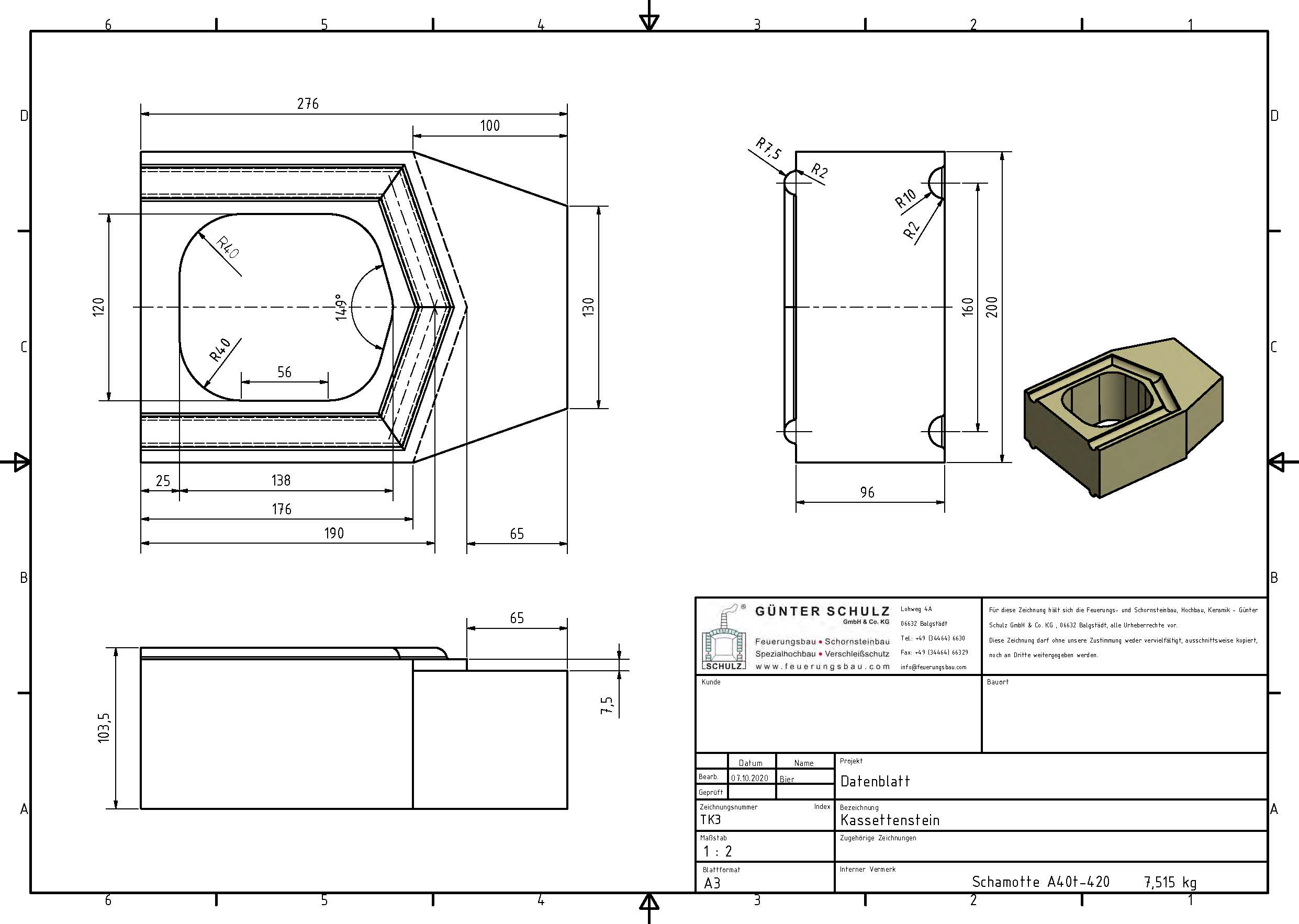 Schamotte-Formstein Schuba®FFS-A40t-S420, Kassettenstein, Format TK 3, 276x200x96 mm, feuerfest