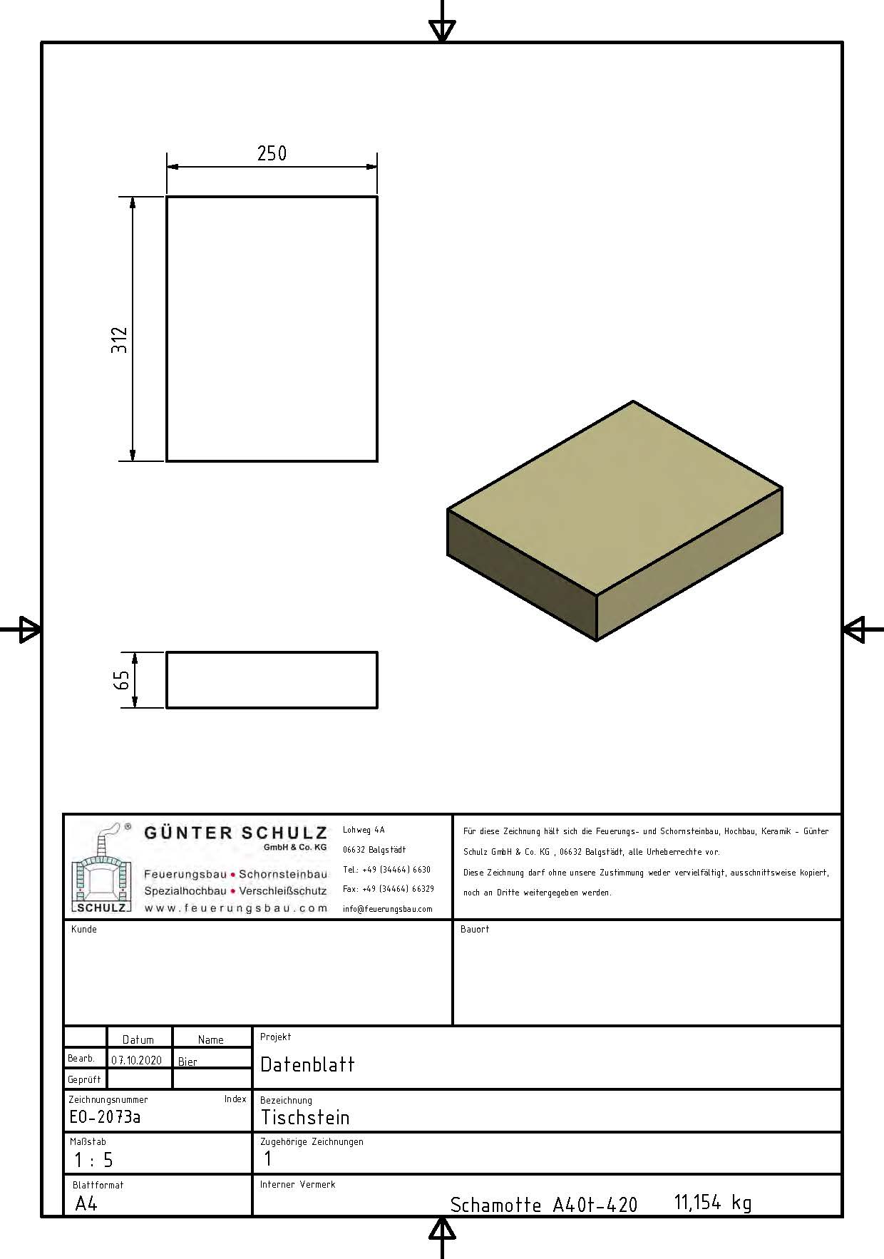 Schamotte-Formstein Schuba®FFS-A40t-S420, Tischstein, Format EO 2073a, 312x250x65 mm, feuerfest