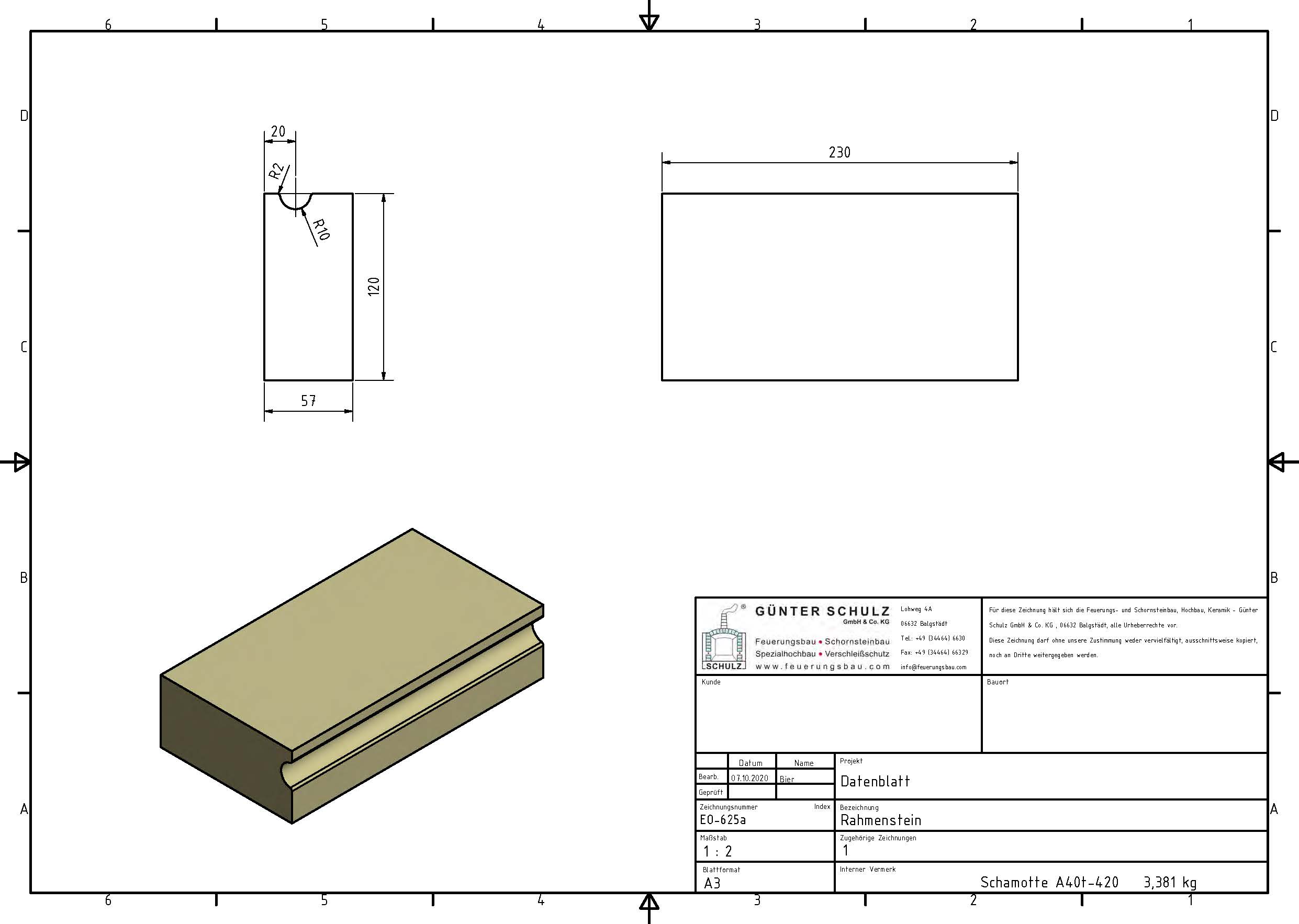 Schamotte-Formstein Schuba®FFS-A40t-S420, Rahmenstein, Format EO 625a, 230x120x57 mm, feuerfest