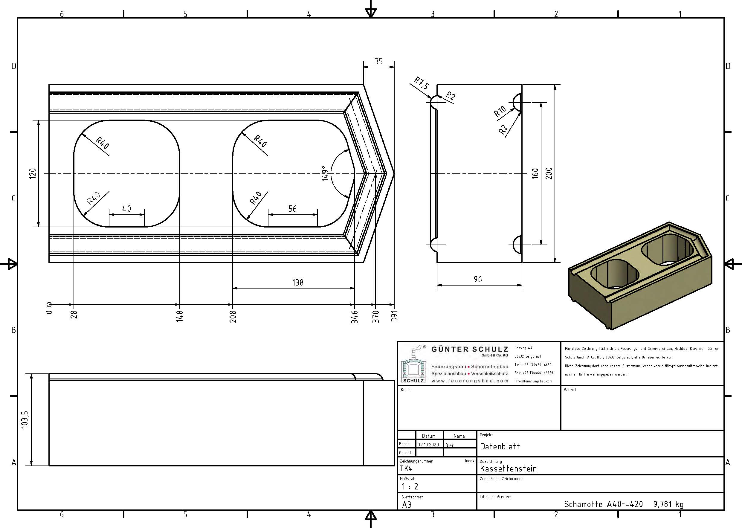 Schamotte-Formstein Schuba®FFS-A40t-S420, Kassettenstein, Format TK 4, 391x200x96 mm, feuerfest