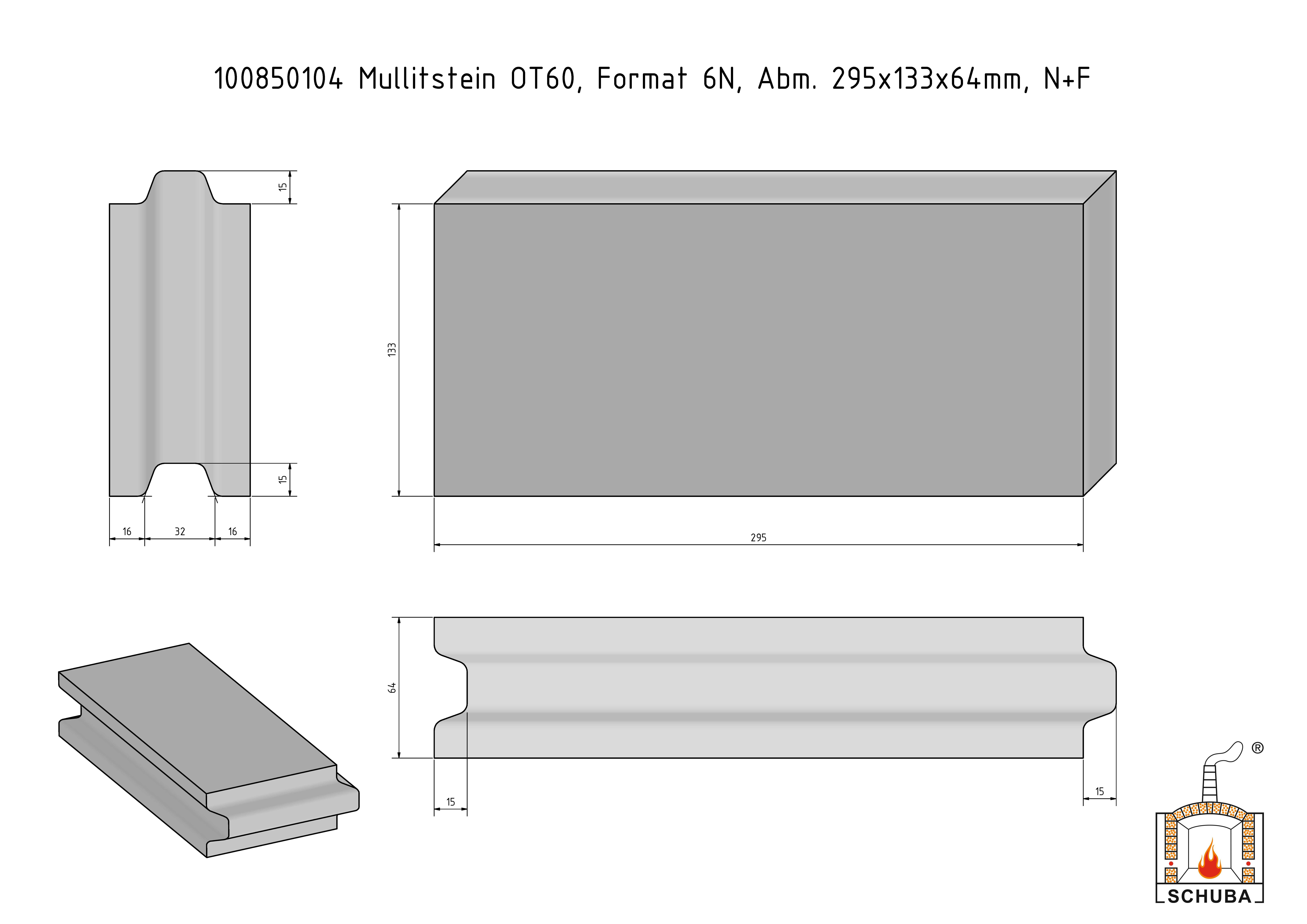 Mullitstein 295x133x64mm (6N) OT60 Nut+Feder