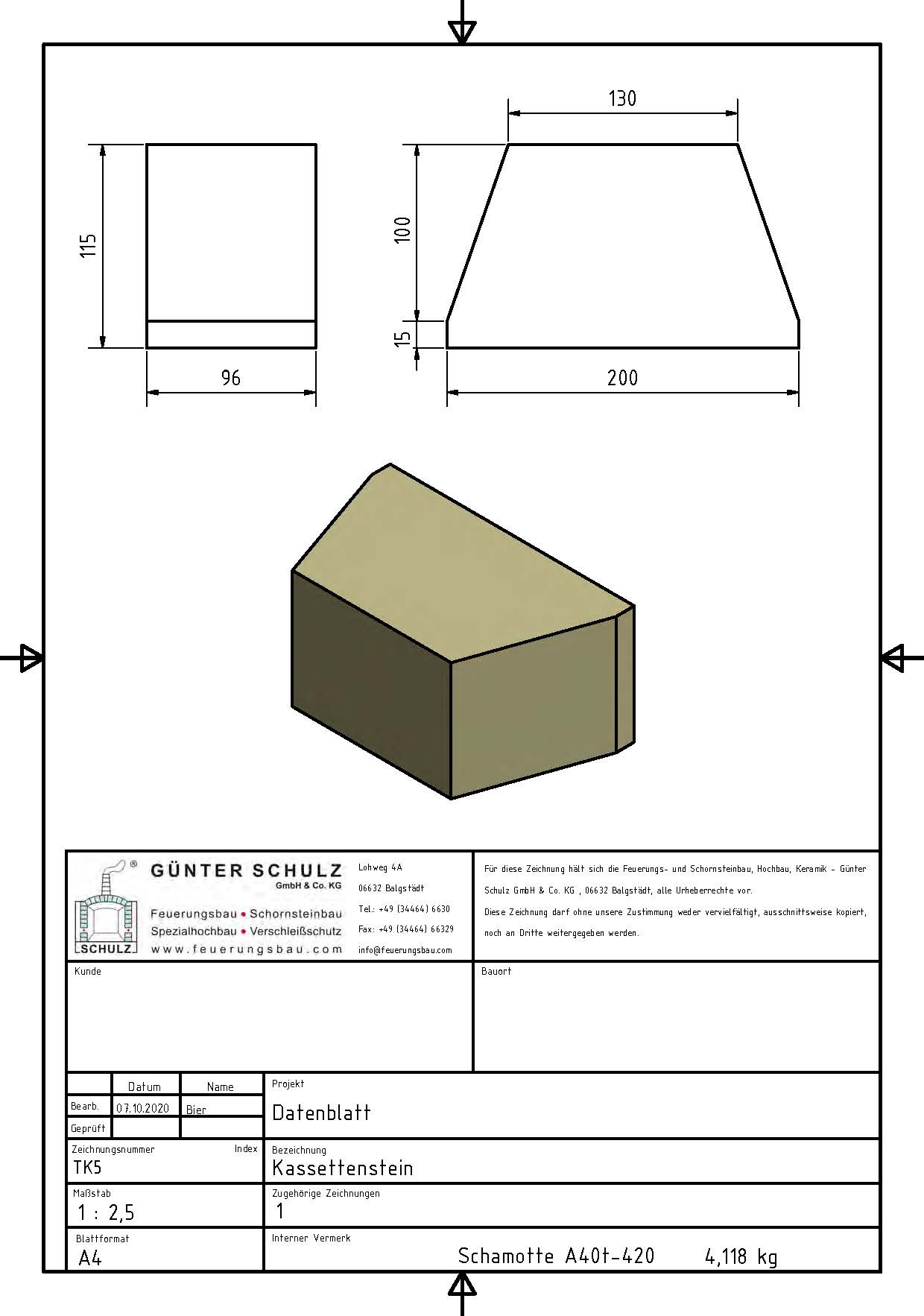 Schamotte-Formstein Schuba®FFS-A40t-S420, Kassettenstein, Format TK 5, 200x115x96 mm, feuerfest