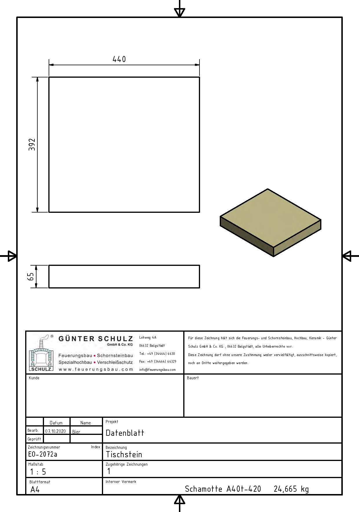 Schamotte-Formstein Schuba®FFS-A40t-S420, Tischstein, Format EO 2072a, 392x440x65 mm, feuerfest