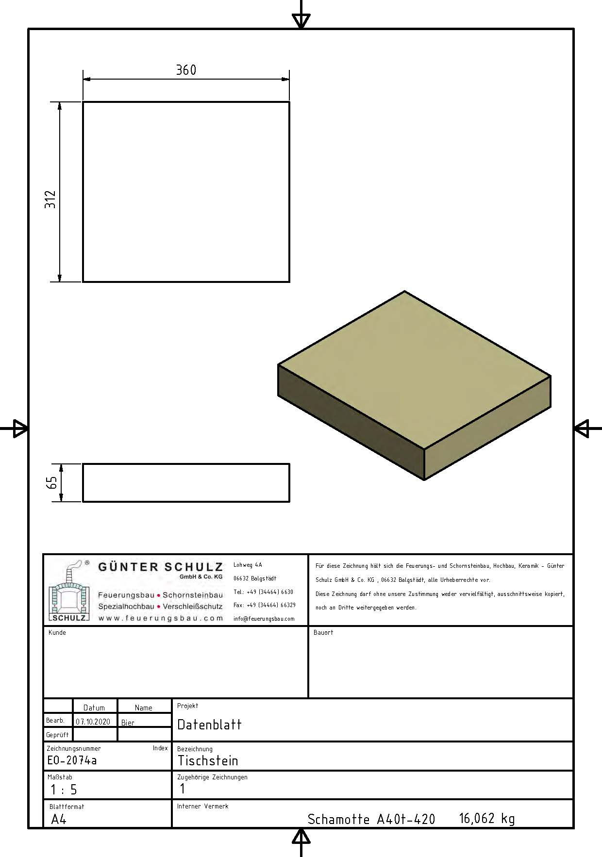 Schamotte-Formstein Schuba®FFS-A40t-S420, Tischstein, Format EO 2074a, 312x360x65 mm, feuerfest