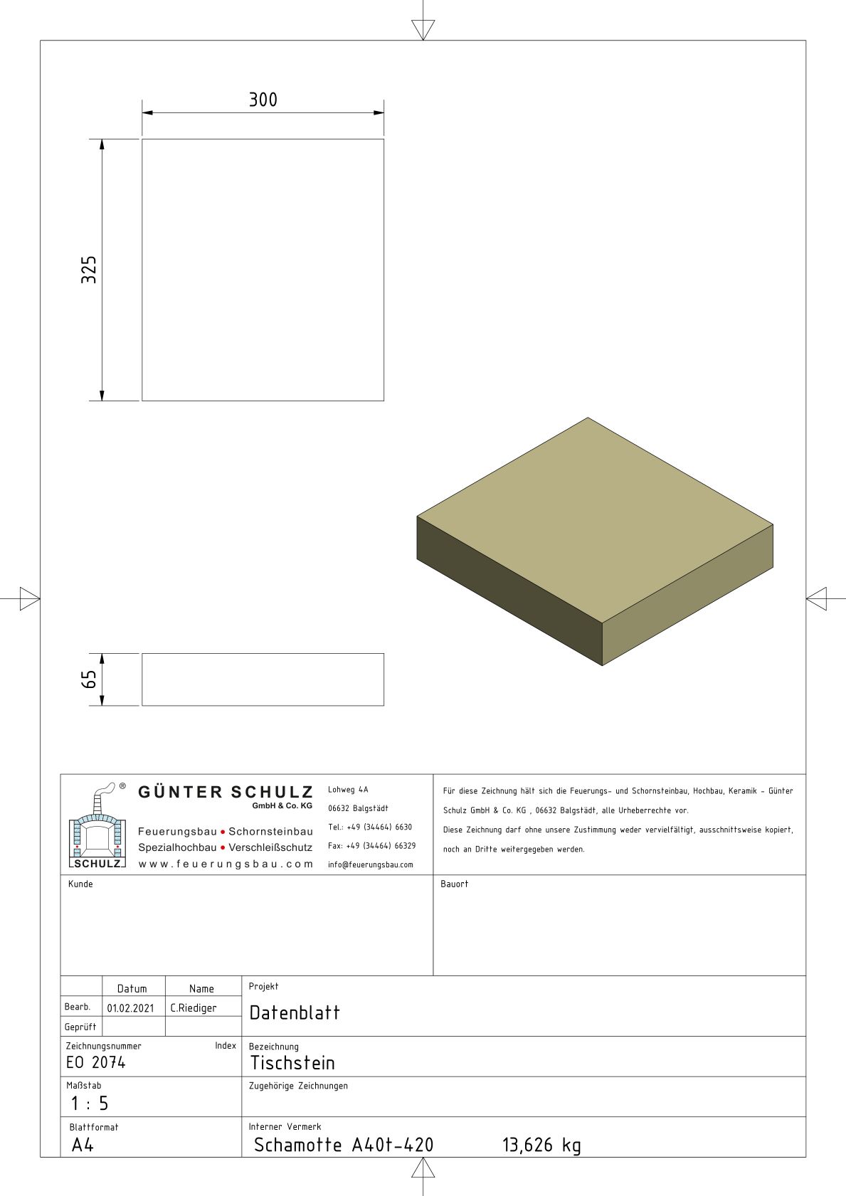 Schamotte-Formstein Schuba®FFS-A40t-S420, Tischstein, Format EO 2074, 300x325x65 mm, feuerfest