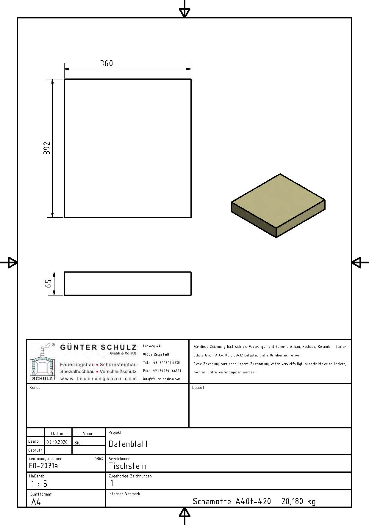 Schamotte-Formstein Schuba®FFS-A40t-S420, Tischstein, Format EO 2071a, 392x360x65 mm, feuerfest