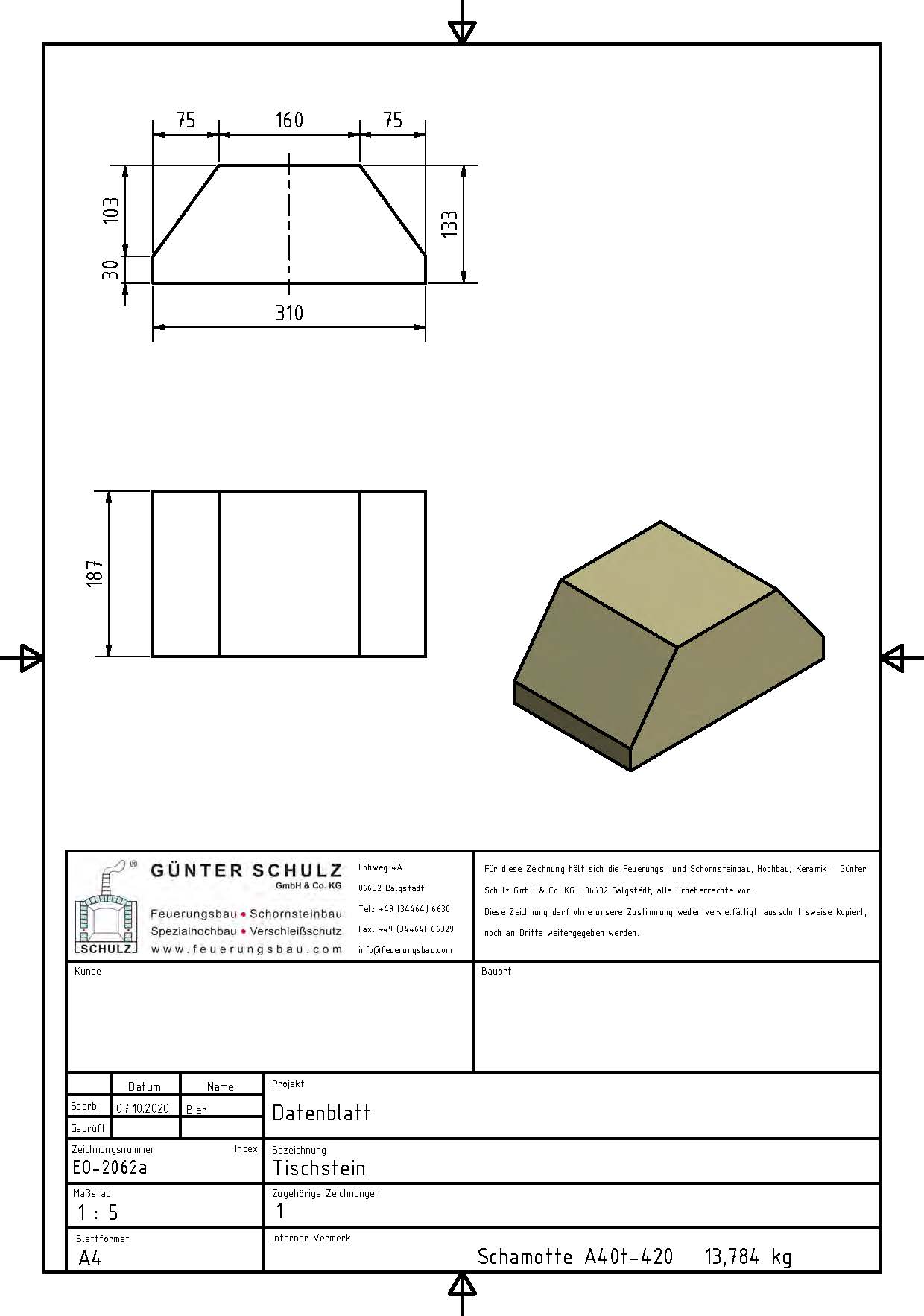 Schamotte-Formstein Schuba®FFS-A40t-S420, Tischstein, Format EO 2062a, 187x310x133 mm, feuerfest