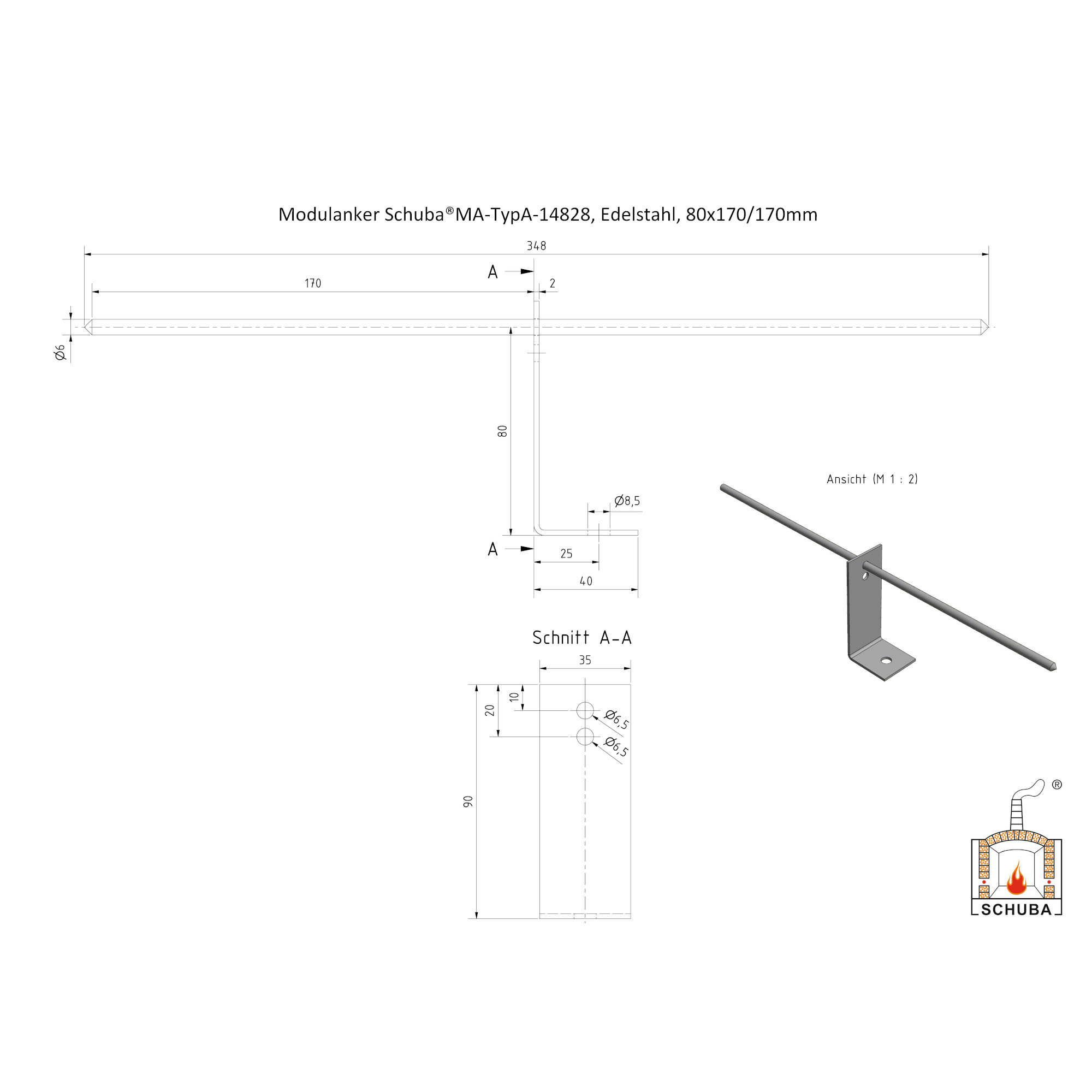 Modulanker Schuba®MA-TypA-14828, Edelstahl, 80x170/170mm